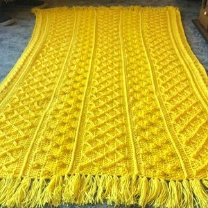☀️ Sunshine Fisherman Style Afghan w/ Fringe Hand Crocheted in Bright Yellow